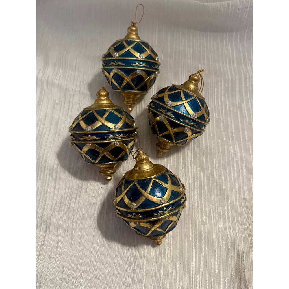 Christopher Radko Set of 4 Blue & Gold Jeweled Christmas Ornaments – Retired